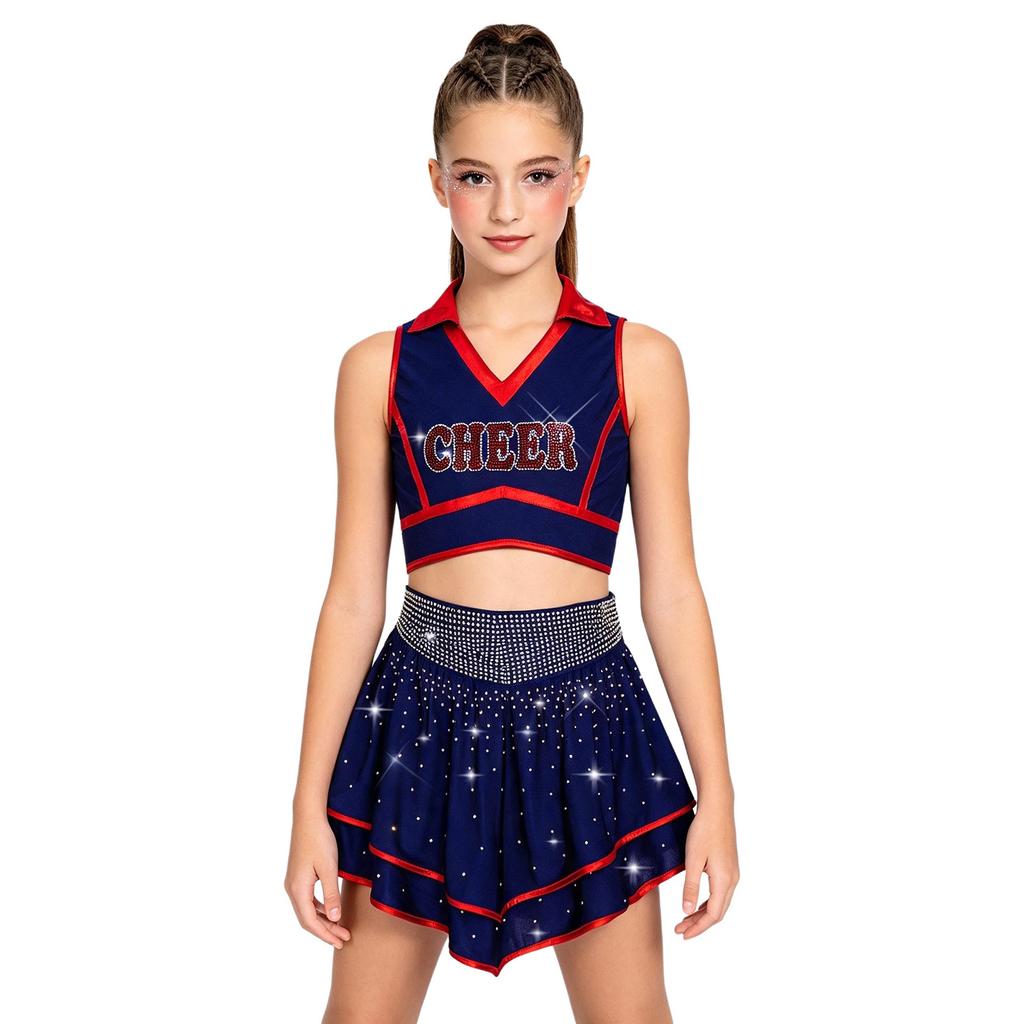 Kids Cheerleading Competition Wear V Neck Crop Top Rhinestone Trim Sleeveless with Built-in Shorts and Asymmetrical Ruffled Skirt