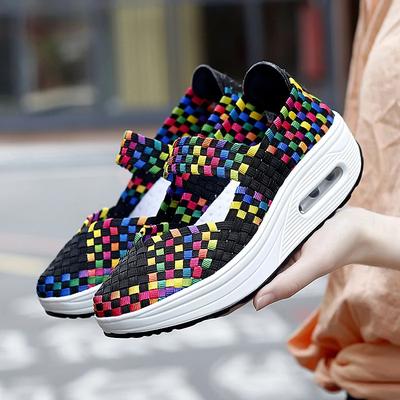 2025 Breathable Casual Women Shoes Loafers Platform Wedges Autumn Woven Slip On Nylon High Heel Pumps Square Dancing
