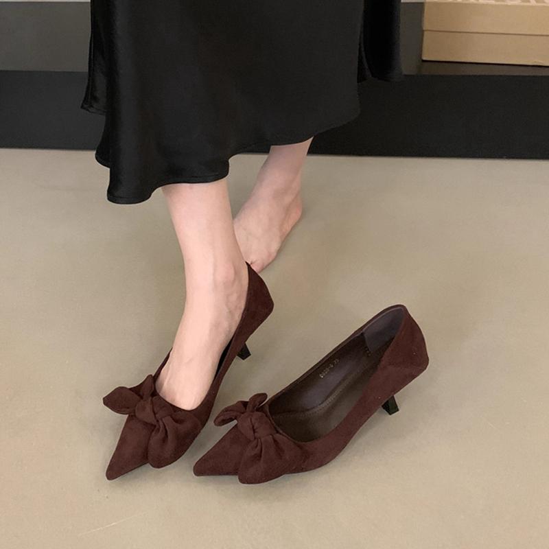 Fashion SUOJIALUN 2025 New Brand Women Pumps Shoes Fashion Bow-knot Pointed Toe Shallow Slip On Boat Shoes Thin High Heel Single Shoes