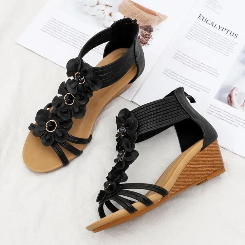 Fashion Women's Bohemia Fish Mouth Wedge Sandals Platform Gladiator Shoes with Zipper Summer PU Jelly Shoes for Women Flat Sandals