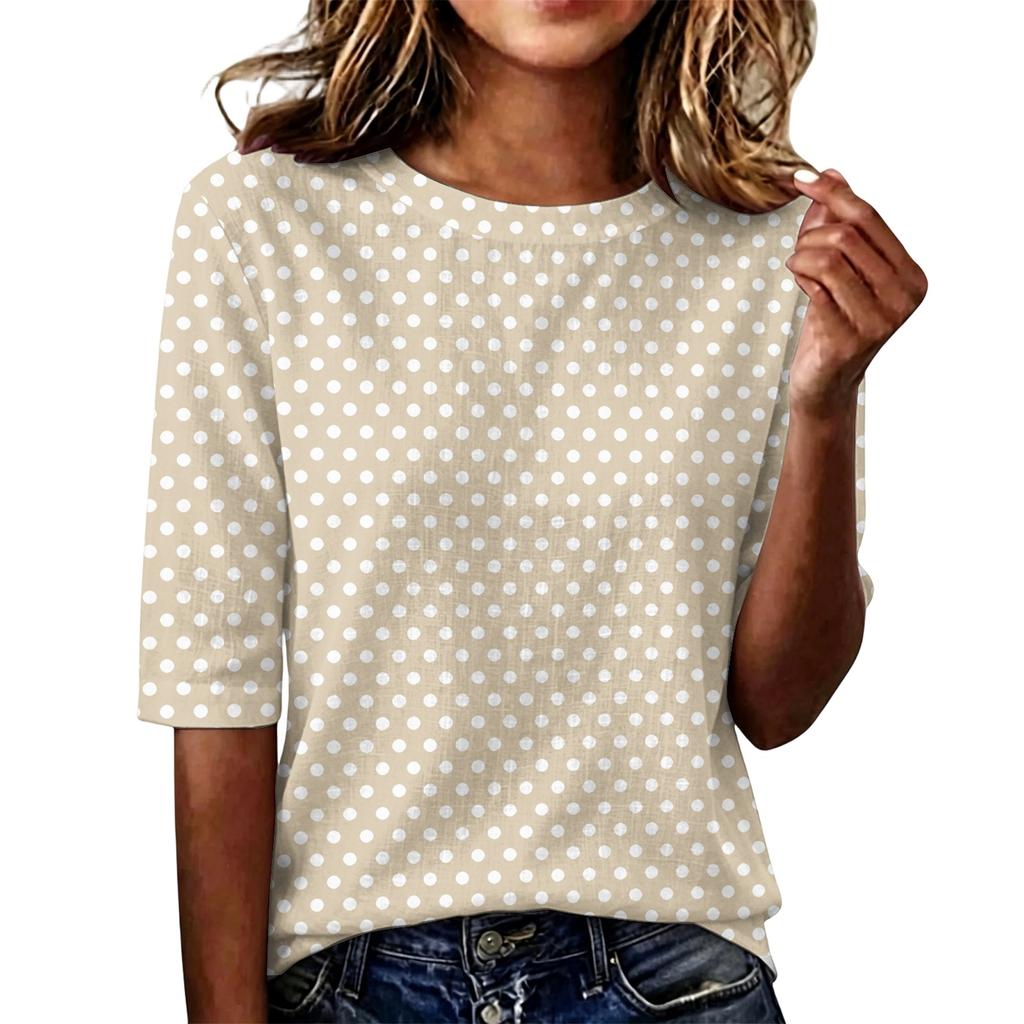 Women's Casual Loose Fit Short Sleeve Top Round Neck Lightweight Comfortable Soft Fabric Polka Dot Pattern Everyday Wear