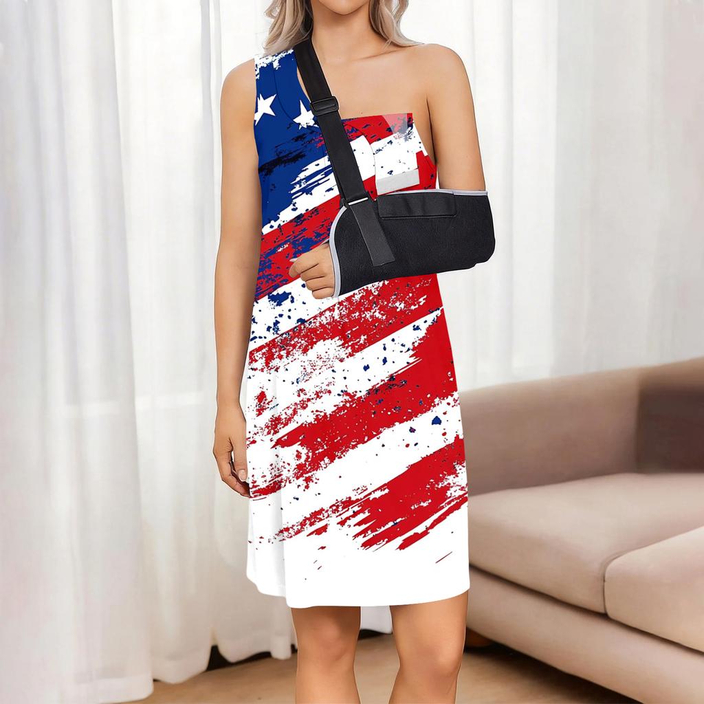 Sleeveless Knee Length Dress with Tear Away Design for Shoulder Surgery Recovery Fourth of July Star Print Summer Casual Dress