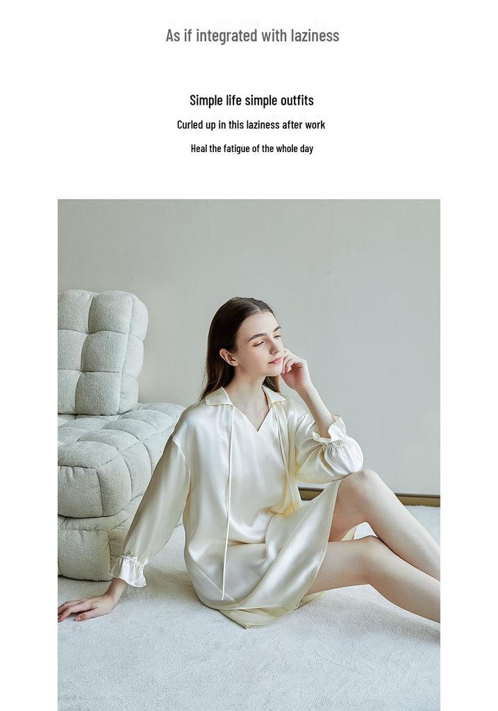 Nordic Light Retro Silk Long Sleeve V-Neck Lace-Up Jumpsuit - 100% Mulberry Silk Smooth Sleepwear