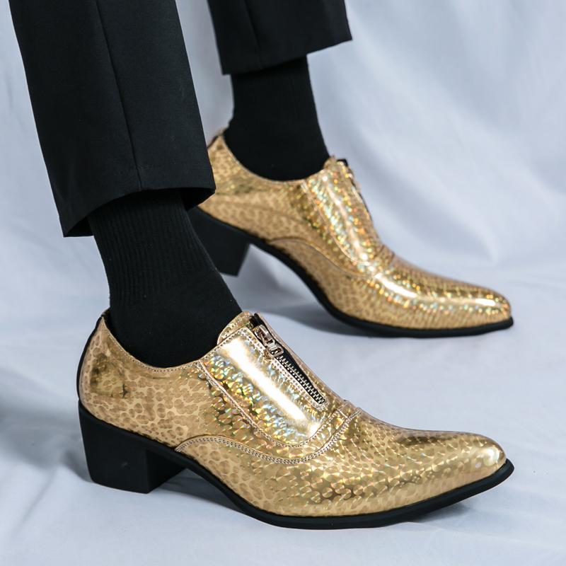 Gold Mirror Patent Leather Shoes For Men British Style High-heeled Shoes Zip Slip On Business Formal Wedding  Dress  Footwear
