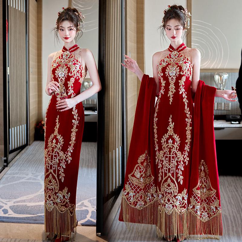 2026 Elegant Chinese Qipao Bridal Set: Engagement Ceremony & Toasting Dress with Shawl