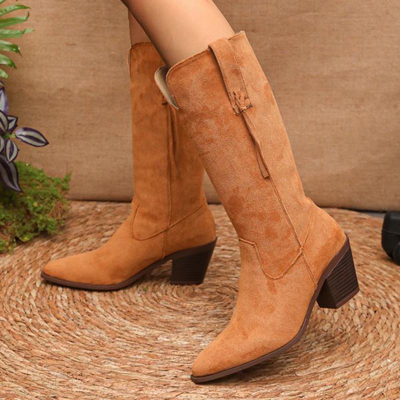 Fashion Fleece Thicken Warm Boots Women Winter 2025 Retro Slip On Faux Suede Mid Calf for Woman Pointed Toe High Heel Botas Mujer