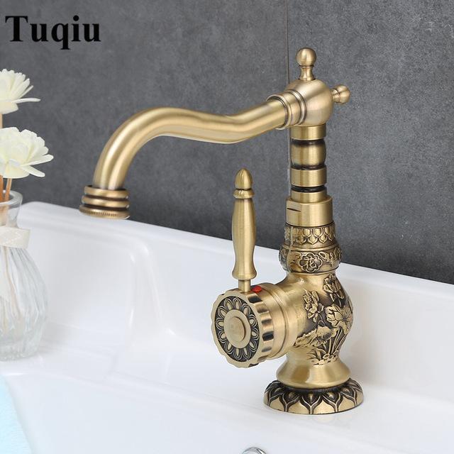 Basin Faucet Antique Brass Sink Faucet Carved Bathroom Faucet Copper Tap Rotate Single Handle Hot & Cold Water Mixer Tap Crane