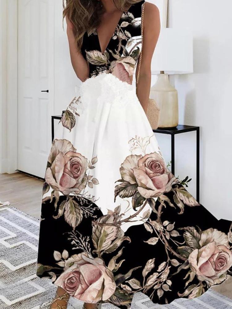 

Летнее платье-майка с V-образным вырезом, высокой талией, без рукавов, с принтом, сексуальное, с подкладкой 2XL чёрный