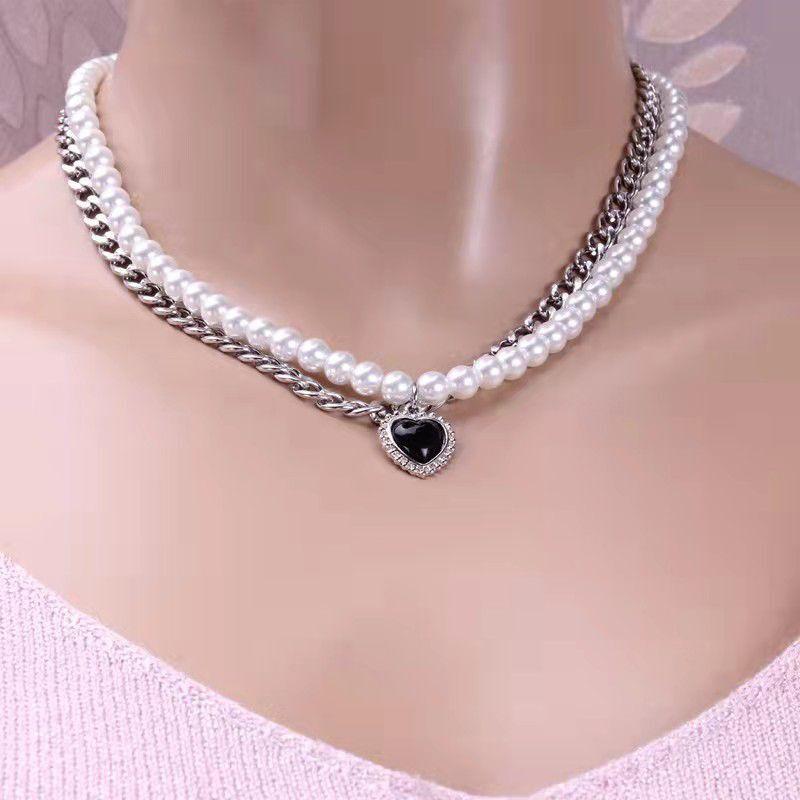 European and American Jewelry Black Love Clavicle Chain Retro Hip-hop Double-layered Pearl Necklace 60CM