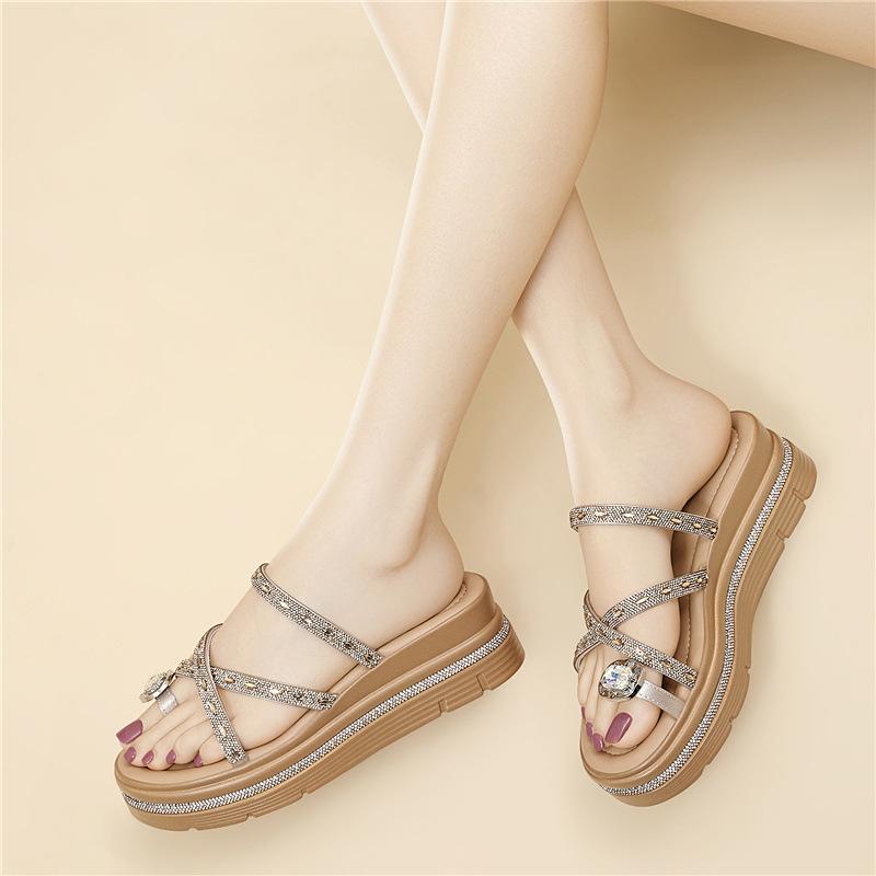 Light Luxury Rhinestone Slope Heel Roman Shoes New Platform Sole Single Shoes Soft Sole Ins Wind Commuting Shallow Mouth Versatile Sandals
