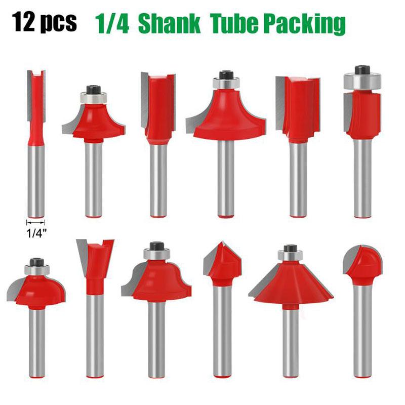 12Pcs 6mm 1/4inch 8mm Shank Woodworking Router Bits Set Milling Cutter for Wood Flush Straight Chamfer Trimming Engraving Tool