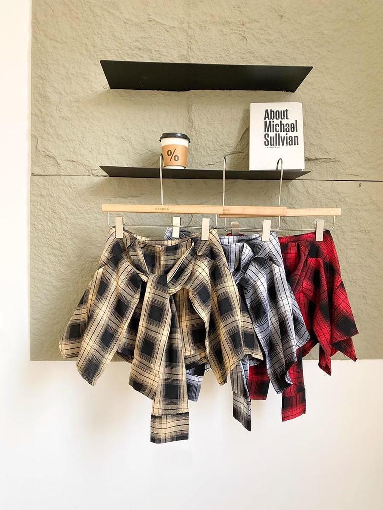 2026 Summer Women's Retro High-Waisted Plaid Skirt with Faux Two-Piece Design
