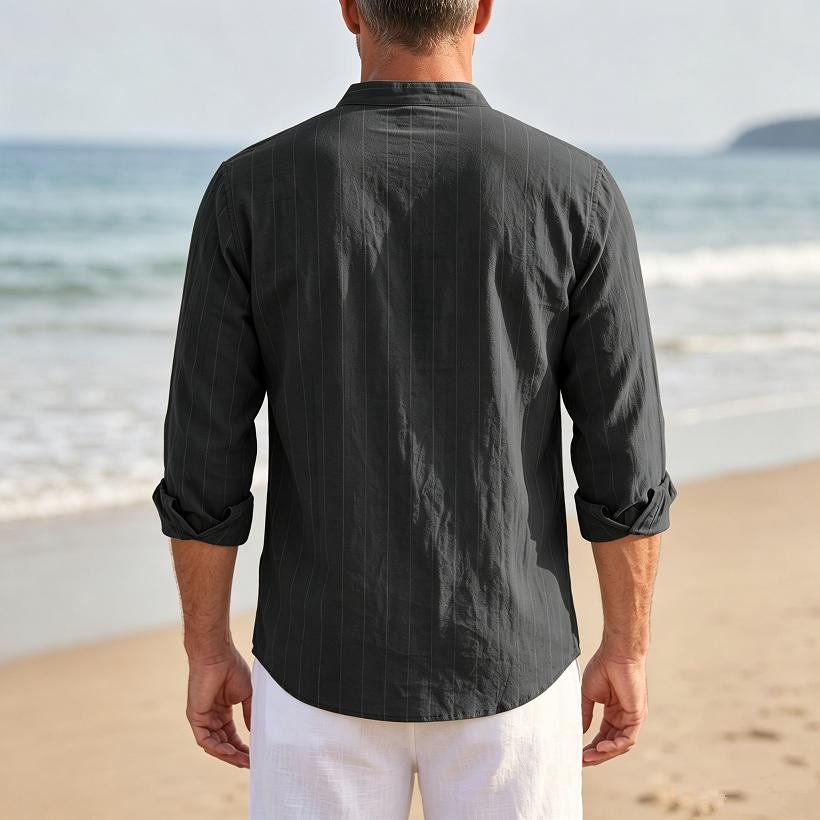 Men's Linen Stand-Up Collar Striped Shirt Spring and Autumn Casual Commuter Trend Slim-Fit Long Sleeve Shirt