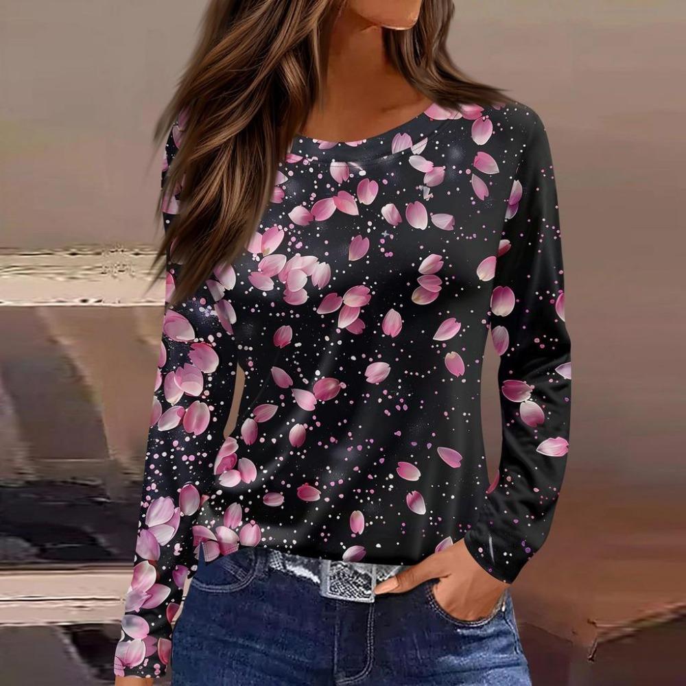 Women s 3D petal falling print fashionable long sleeved shirt XS