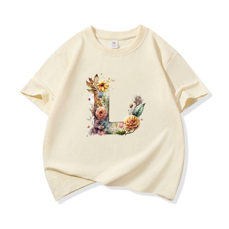 Kids Cotton T Shirt Floral Letter L Print Crew Neck Short Sleeve Tee Casual Boys Girls Summer Tops