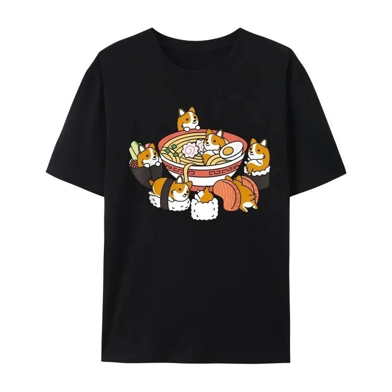 2025 Casual 100% Pure Cotton Short Sleeved Printed Top Ramen Sushi Corgi Dog T-shirt Summer Autumn Couple Outfit