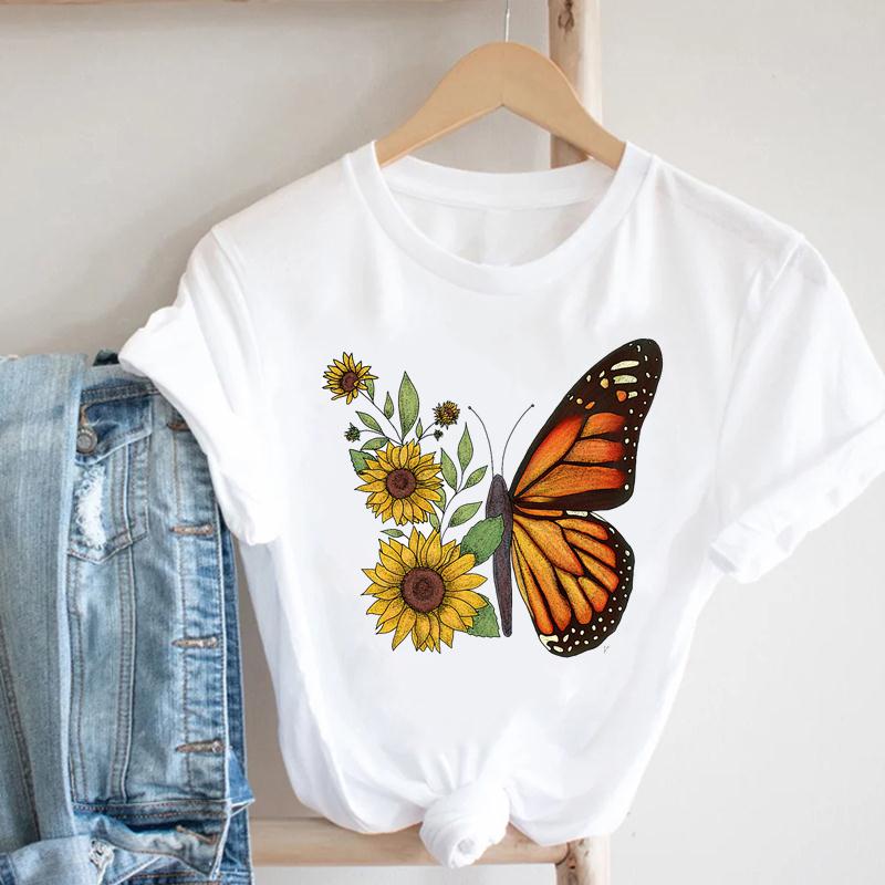 Watercolor Butterfly Tee Top Women Print Summer Fashion T-shirt Elegant Clothing Casual Short Sleeve Lady Female Graphic T-shirt