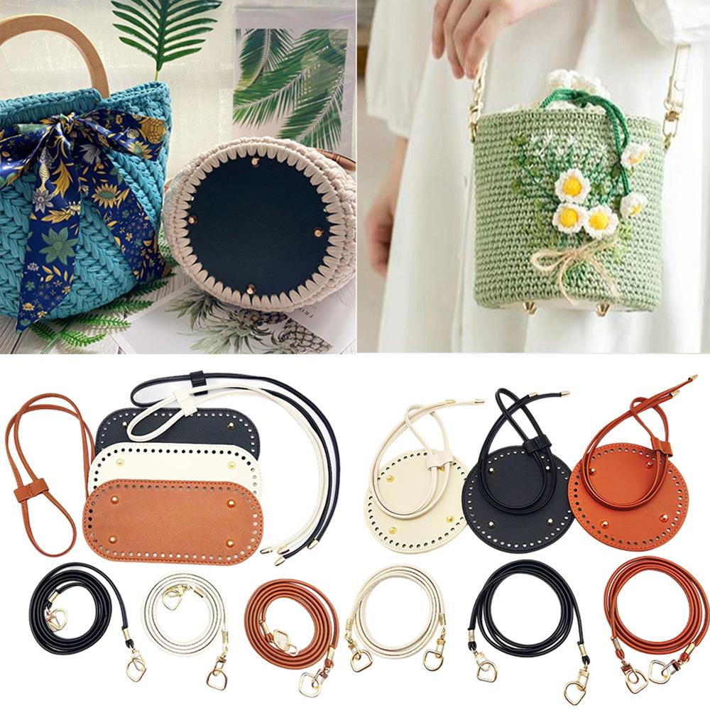 3Pcs DIY PU Leather Crochet Bag Accessories Handmade Drawstring Parts Woven Bag Set Solid Color Bag Bottom Base Bag Strap Handle