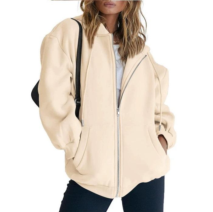 Autumn Women's Thick Solid Color Zipper Casual Long Sleeve Cardigan Pocket Sweatshirt Jacket, Women's Hooded Baseball Jacket