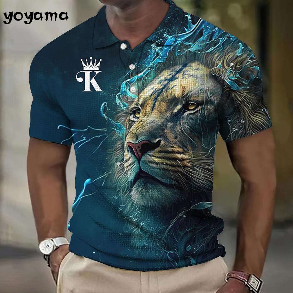 Animal Men's Polo Shirt 3d Lion Printing Casual Daily Lapel Tops Tees Fierce Beast T Shirt for Man Clothing Summer Tshirt