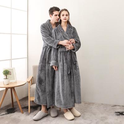 Plus Size Women's Autumn Winter Bathrobe Couples Thickened Long Robe Solid Waist-tie Loungewear with Pockets