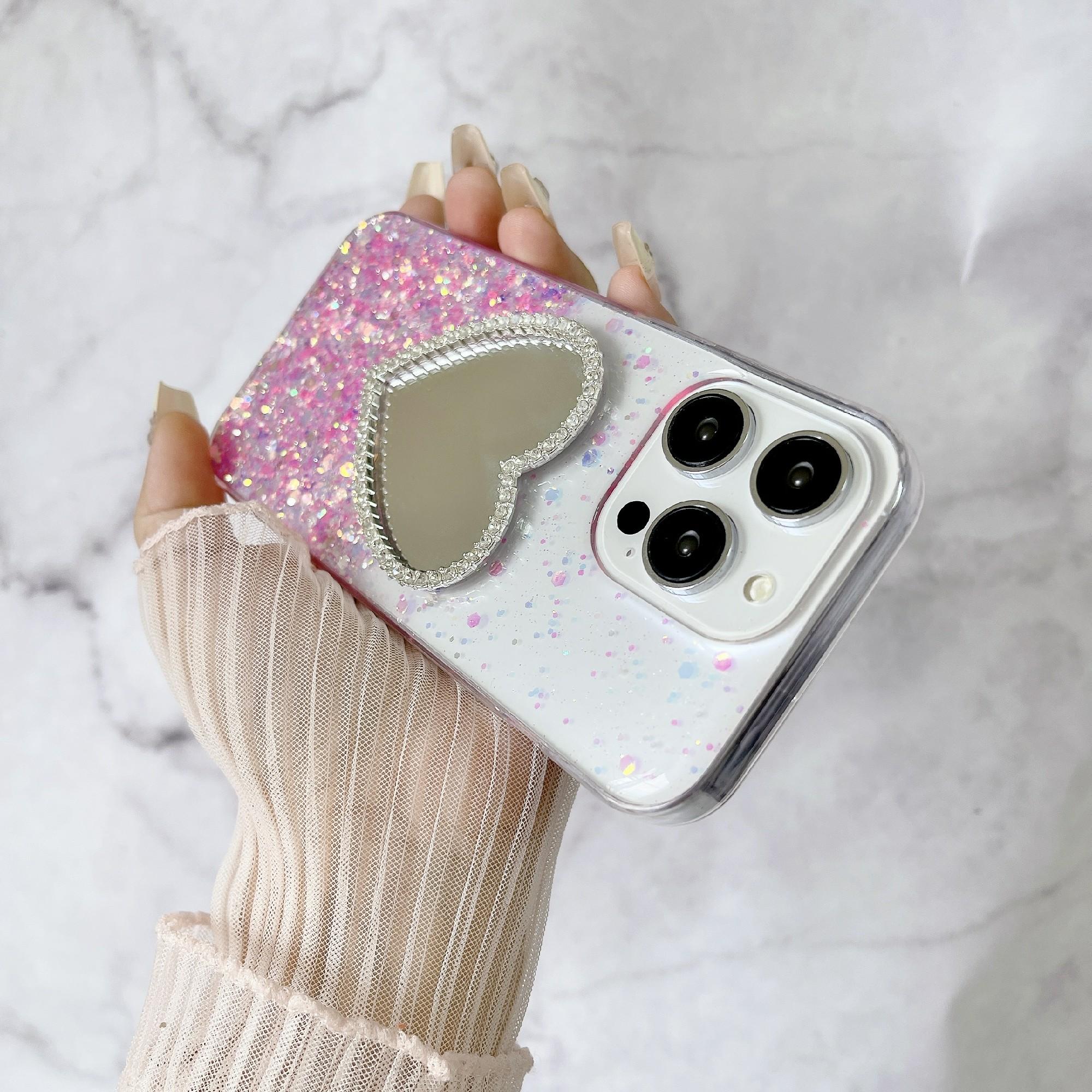 

For iPhone 14 Pro Max Case Glow in The Dark Epoxy TPU Phone Cover Mirror Design Luminous Pink