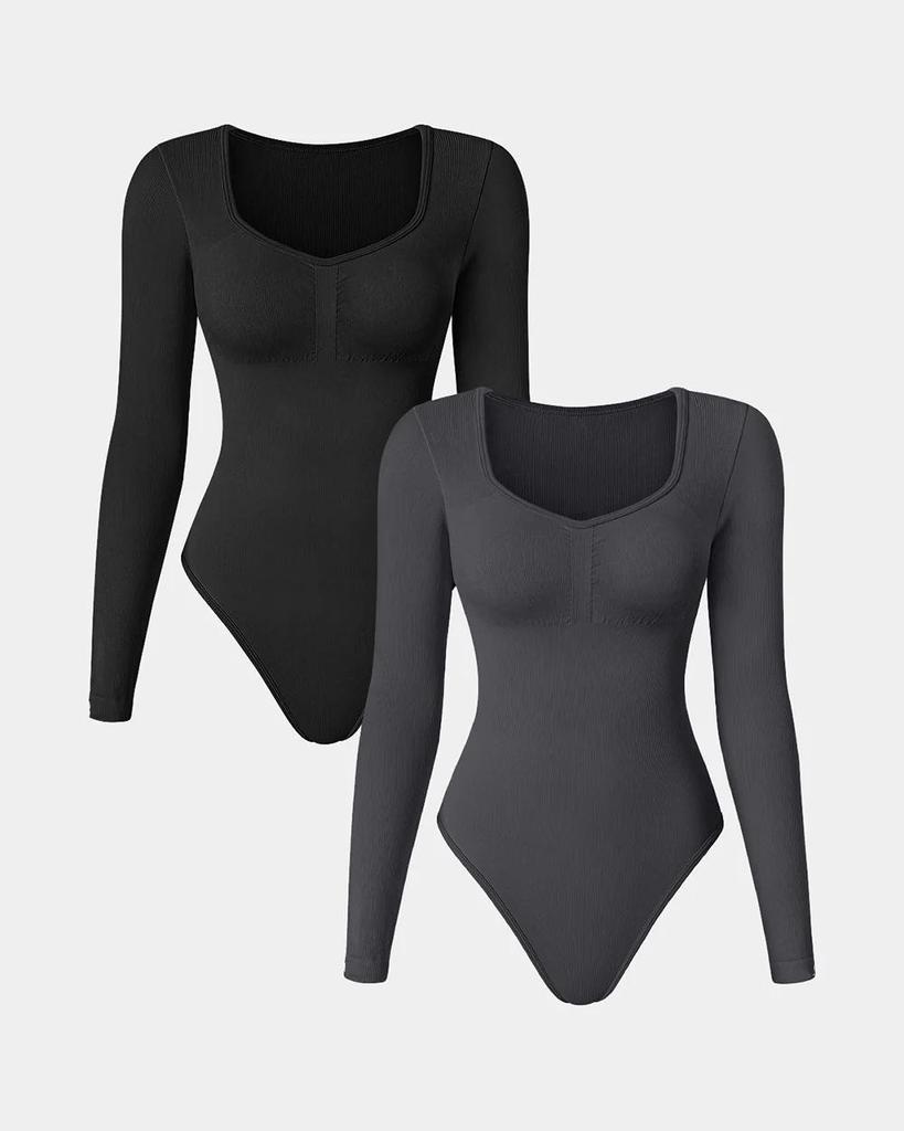 Seamless Knitted Ribbed Long Sleeve V-Neck Yoga Bodysuit Jumpsuit
