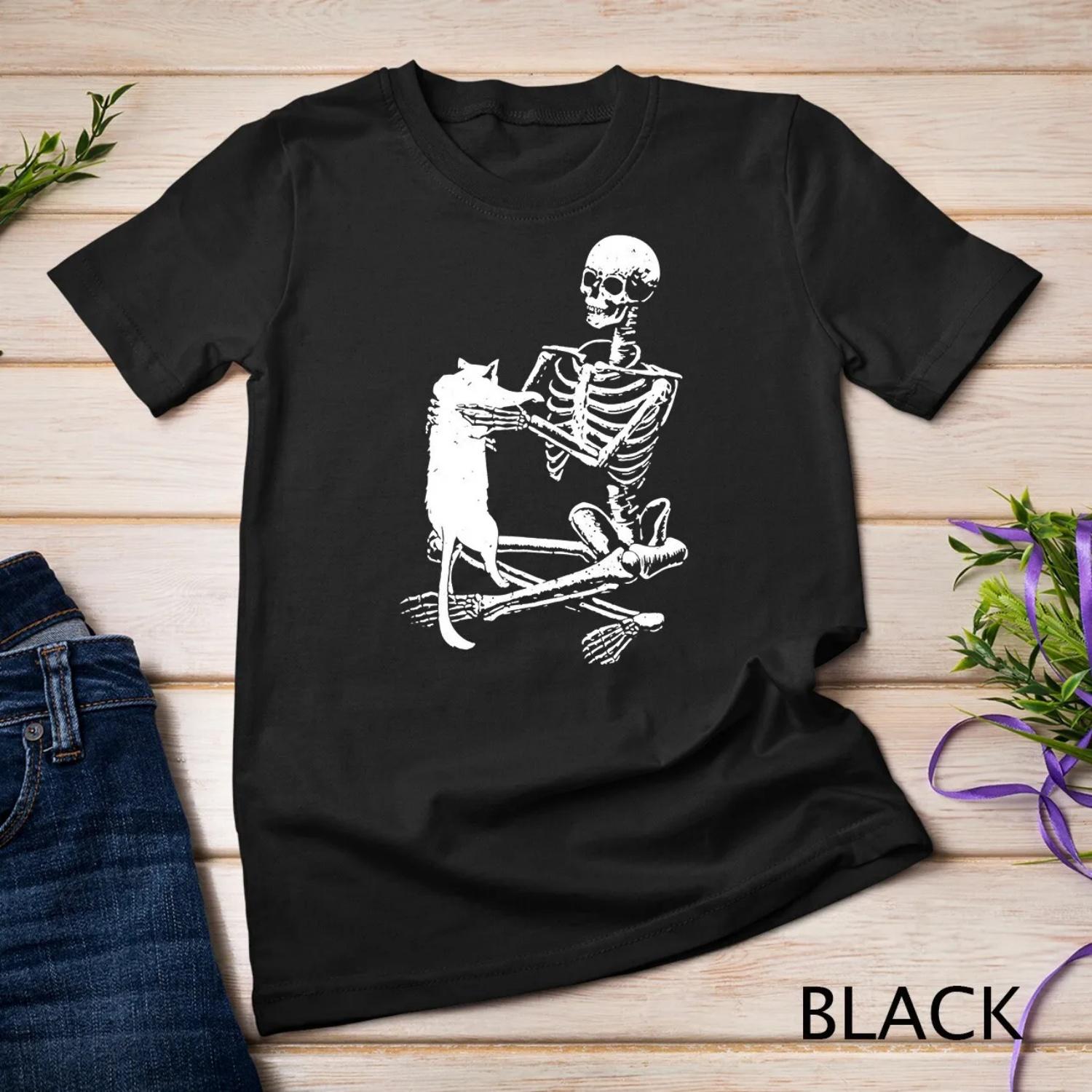 Skeleton Holding Cat Scary Costume Skull Kitten Halloween T Shirt S