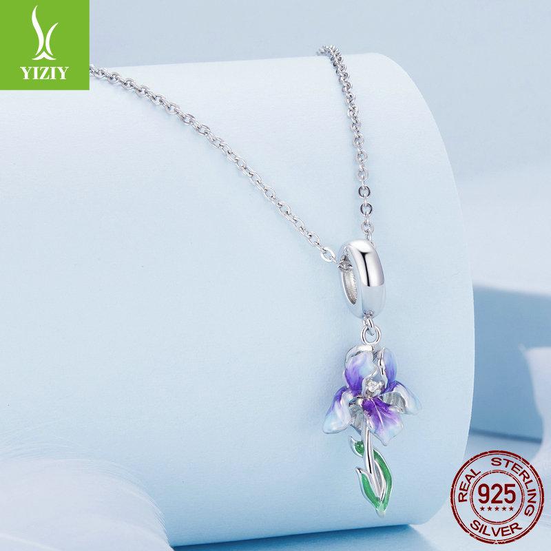 Silver Iris Gradient Oil Drip Pendant & S925 Sterling Flower Bracelet Beads