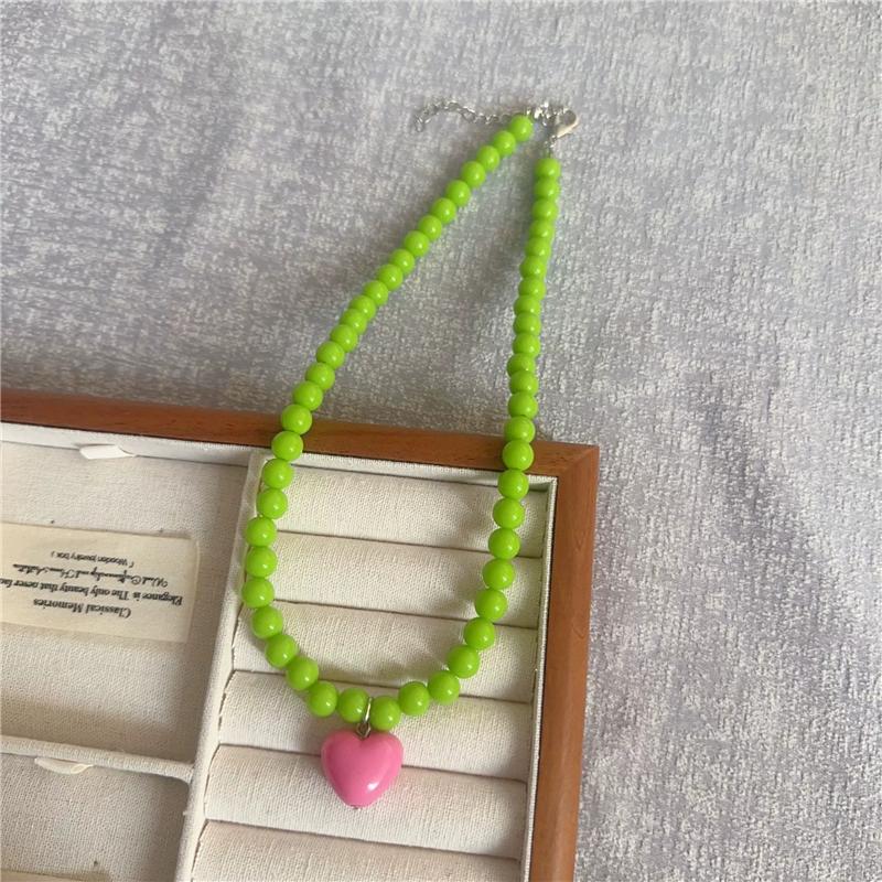 Fashion Cute Candy Color Heart Pendant Resin Beaded Choker Necklace For Women Girls Trendy Goth Vintage Aesthetic Accessories