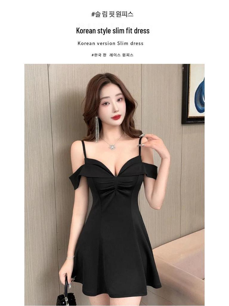 Socialite Fashion Low-Cut Spaghetti Strap A-Line Dress with Waist-Cinched Elegant Short Skirt