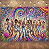 One Piece of Fabric Featuring a Colorful and Dynamic Hippie Party Scene Pattern, Suitable for Home Decoration and Party Use.