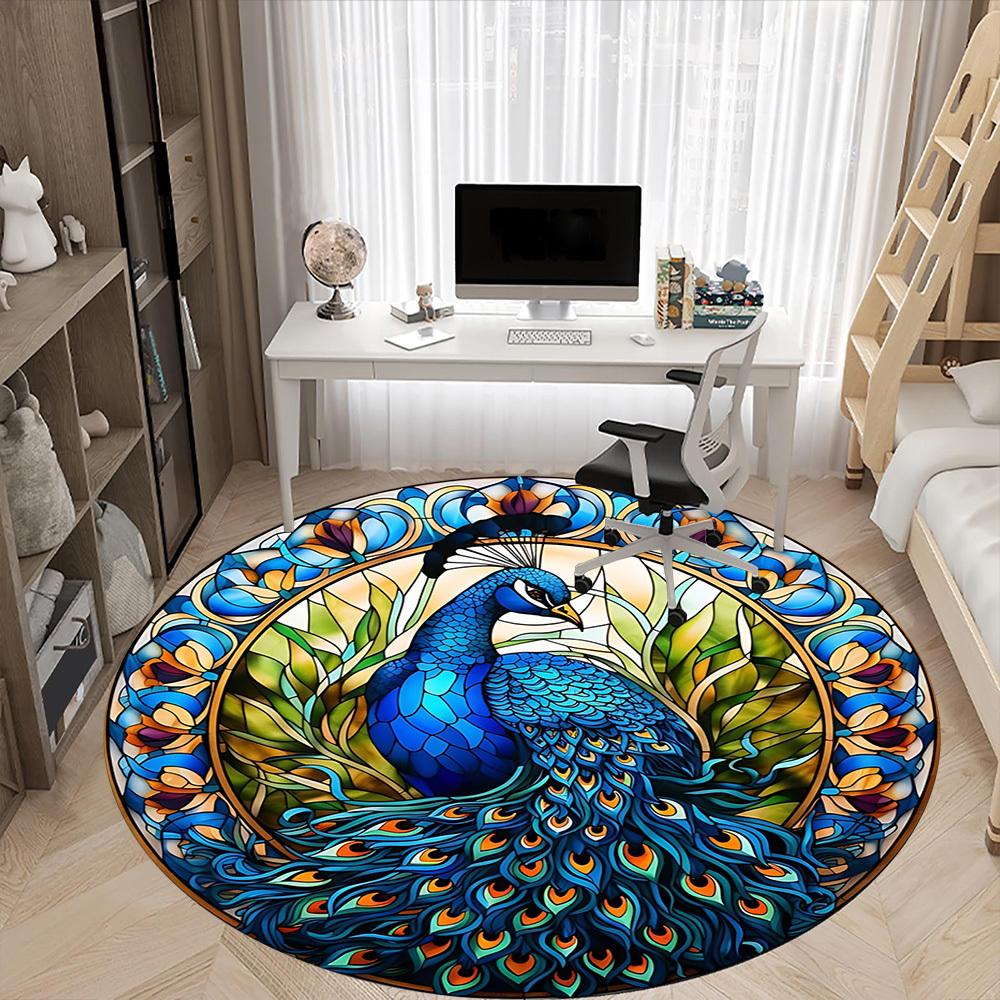 1pc Peacock StainedGlass Office Round Area Rug, Indoor Mat Suitable For Office, Under Office Chairs Bedroom Living Room Home Decor, Room Deco 015