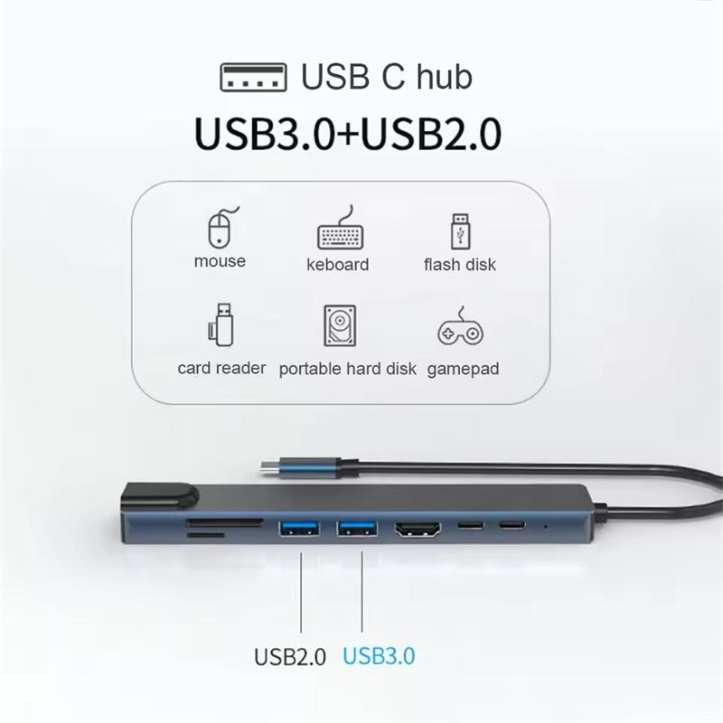 8-in-1 USB-C Hub Typ C Erweiterung HDMI-kompatibler Adapter Laptop-Konverter mit RJ45 SD-Kartenleser PD Schnelllader für Macbook