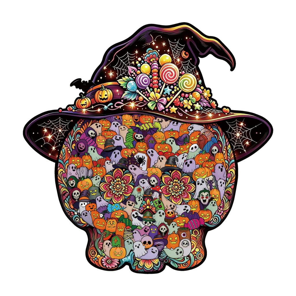 Halloween Witch Hat Colorful Shaped Wooden Puzzle Ornament with for Home Decor