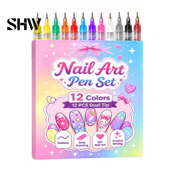 Dual Tip Nail Art Tools 12Pcs Markers for Girls, 12 Colors Markers, Broad & Fine Creative Beauty Crafts Kids Polish Pens, Quick Dry DIY Manicure