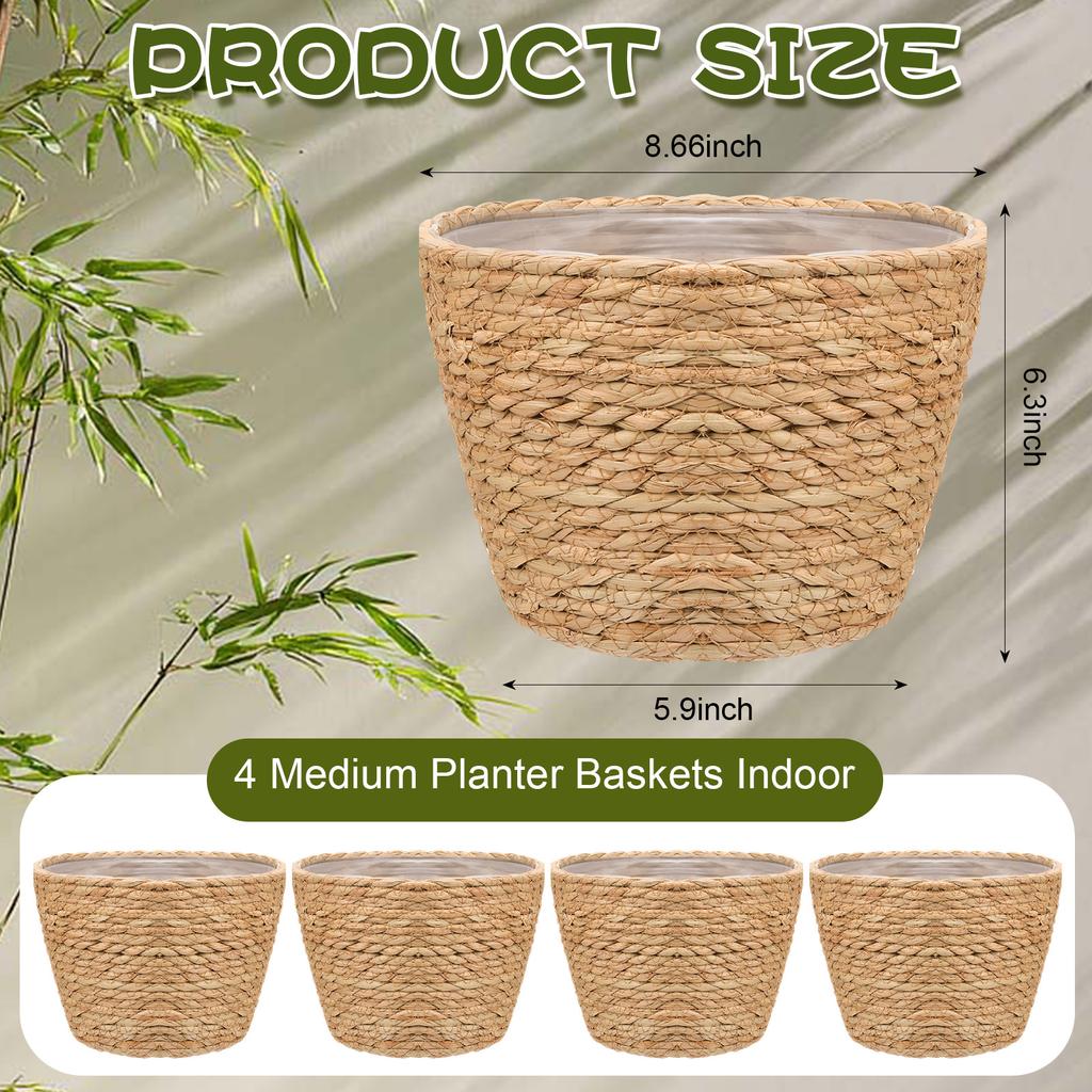 Haiabei 4 Stuks Riet Geweven Plantenmand Midden Premium Zeegras Plantenmand Met Plastic Bekleding Natuurlijk Stijlvol Plantenmanden