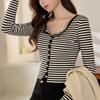 Women S Long Sleeve Striped T Shirt High Waist Short Style With Shell Buttons