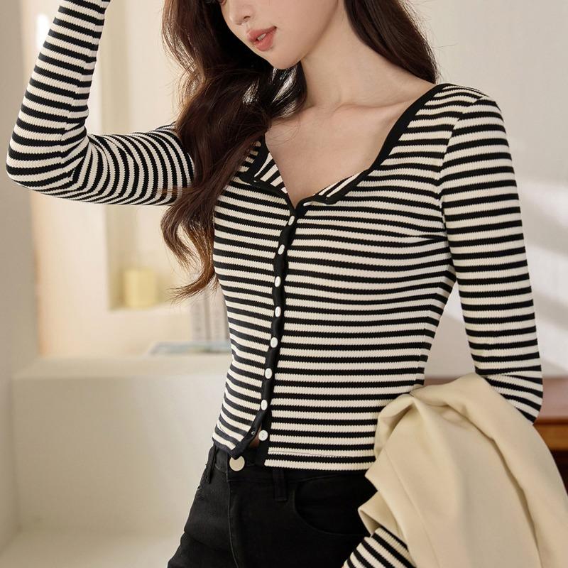 Women S Long Sleeve Striped T Shirt High Waist Short Style With Shell Buttons