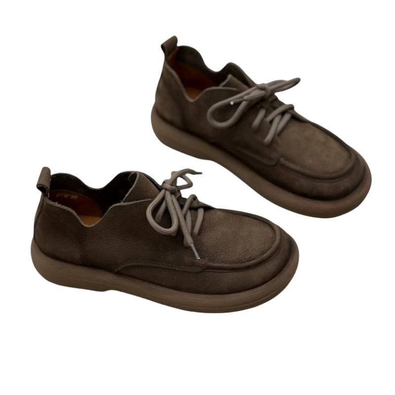 Handmade Women's Shoes Retro Artistic Round Toe Flat Top High Top Lace Up Soft Cowhide Women's Single Shoes