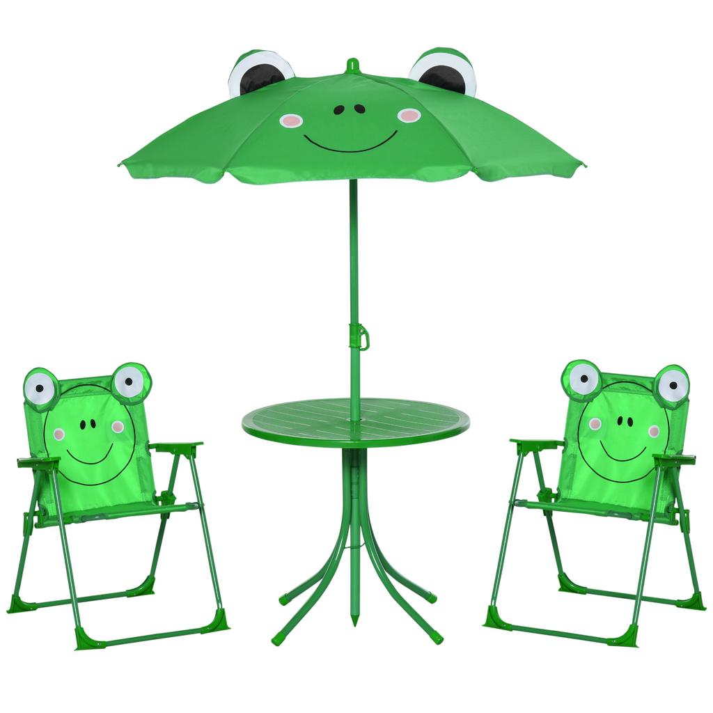 4-teiliges Gartensitzmöbel-Set für Kinder mit Froschmotiv - Runder Tisch + 2 Klappstühle + Sonnenschirm - Grün Oxford Epoxidbeschichtetes Metall