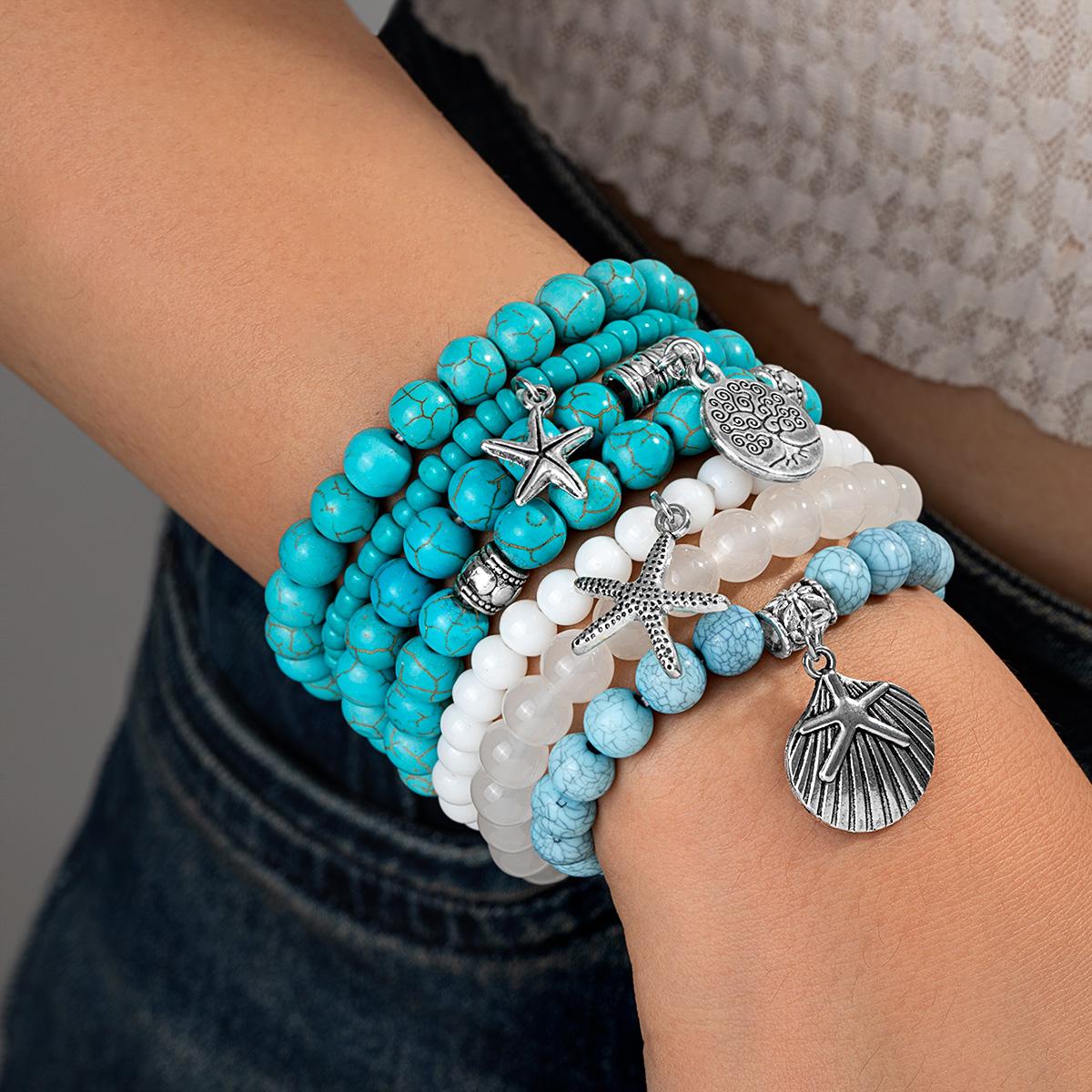 Ocean-Style Turquoise and White Agate Bracelet Set, Retro Starfish and Shell Pendant Bracelet