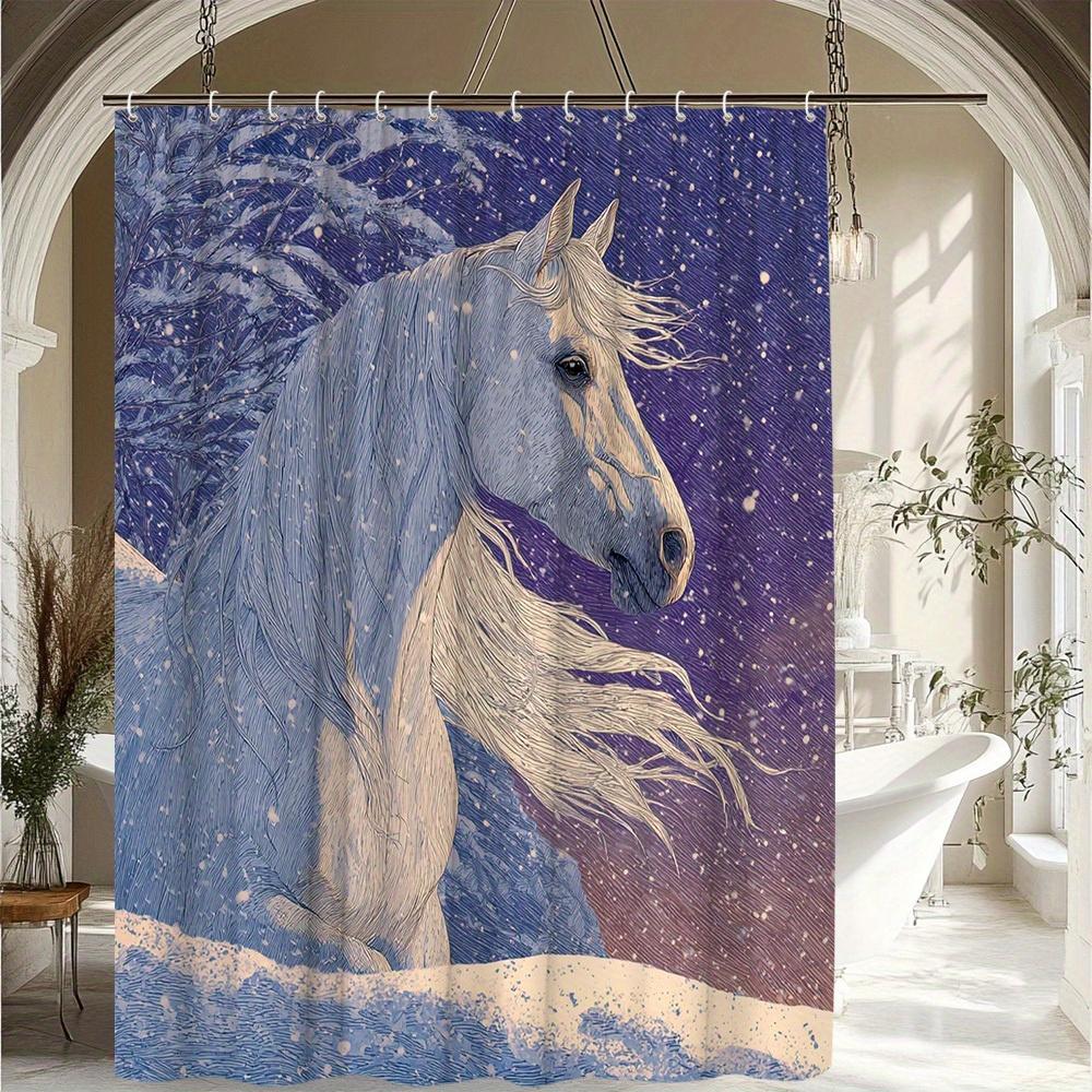 

1Pc Elegant White Horse In Snow Shower Curtain - 70.8X70.8 Inch, Washable Polyester Fabric With 12 Hooks, Winter-Themed Bathroom W60H190(CM)-1 Pcs