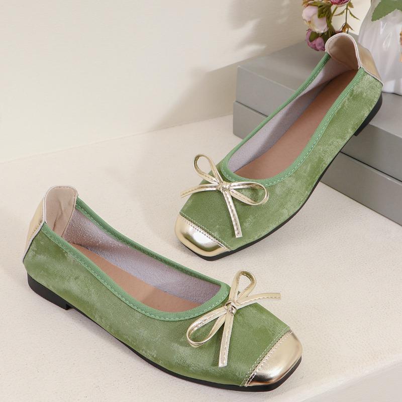 Fashion Summer Autumn Square Toe Ballet Shoes Elegant Bow Knot Flat Soft Sole Mary Jane Casaul Silver Slip on Shallow  Sneakers Women