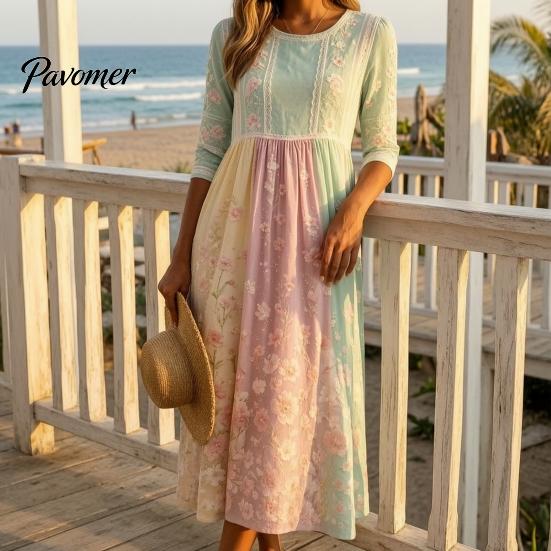 Fashionable Vacation Dresses for Ladies Long Sleeve Floral Dress, Women Cottagecore Waist Cinching Casual Autumn with Sleeves Midi Dress Street Party