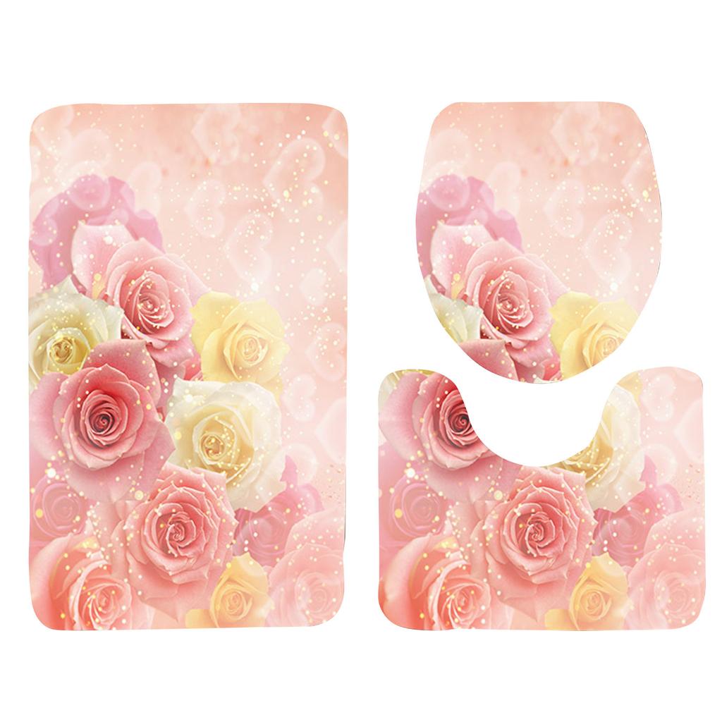 Rose Petal Series Printed Toilet Floor Mat Three-piece Bathroom Slip Carpet Set
