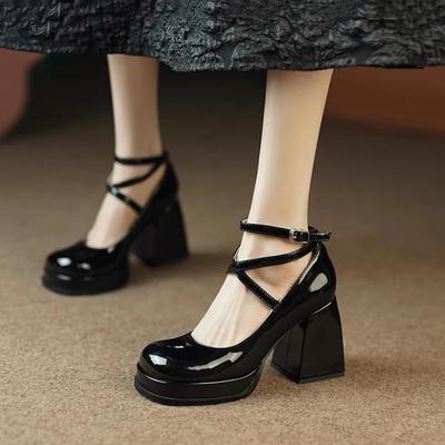 Fashion Vintage Black Mary Janes Shoes Woman Buckle Non-Slip Casual High Heels Office Ladies Solid Elegant Heels Korean Lolita Heels
