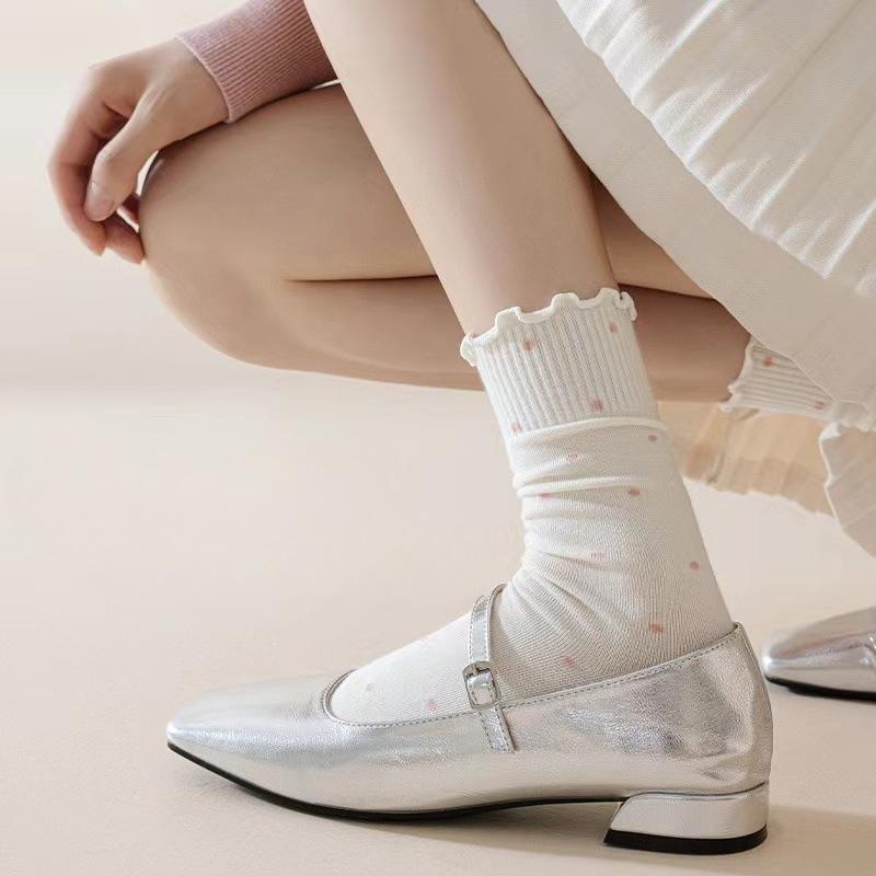 Black Fungus Polka Dot Pile Socks, Women's Mid-calf Socks, Casual Cotton Socks, Versatile Solid Color Ballet-style Cute Long Socks