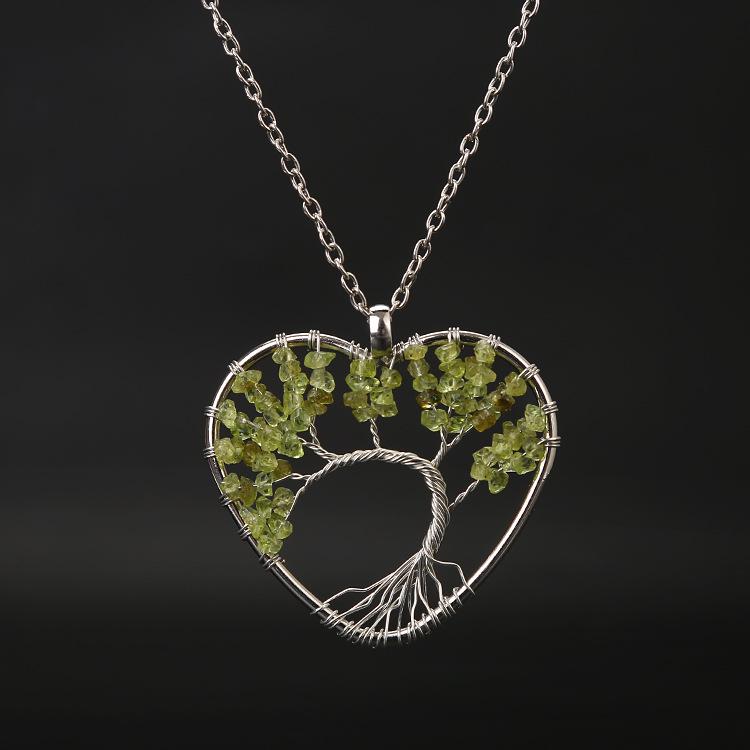 Seven-Color Heart-Shaped Tree of Life Necklace with Natural Stone Crystals
