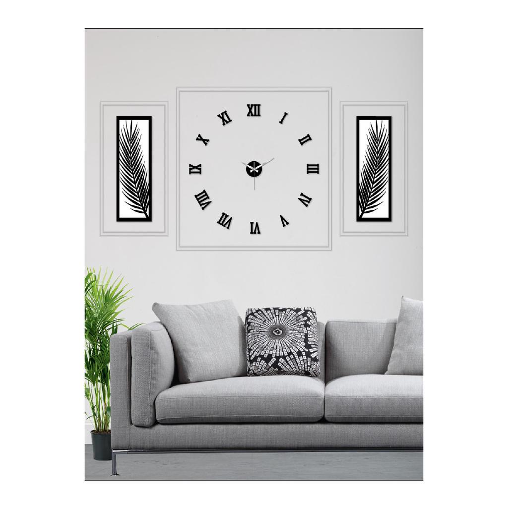 3 Piece Wall Clock Set, Acrylic Plexiglass Mirrored Palm Leaves And Roman R. Clock